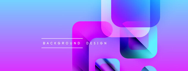 Poster - Abstract geometric shapes overlap, creating vibrant purple, blue gradients. Background design features rounded squares, modern aesthetic.