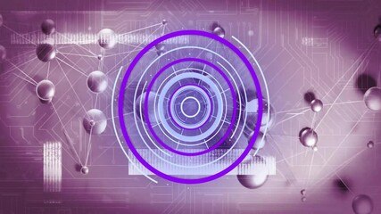 Poster - Rings appearing on mauve circuit rotating glowing linking spheres into network with pulsing bars