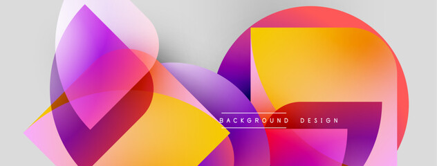 Aufkleber - Abstract shapes overlap, creating vibrant gradients. Colors blendpurple, orange, yellowover light gray backdrop. Modern design element.