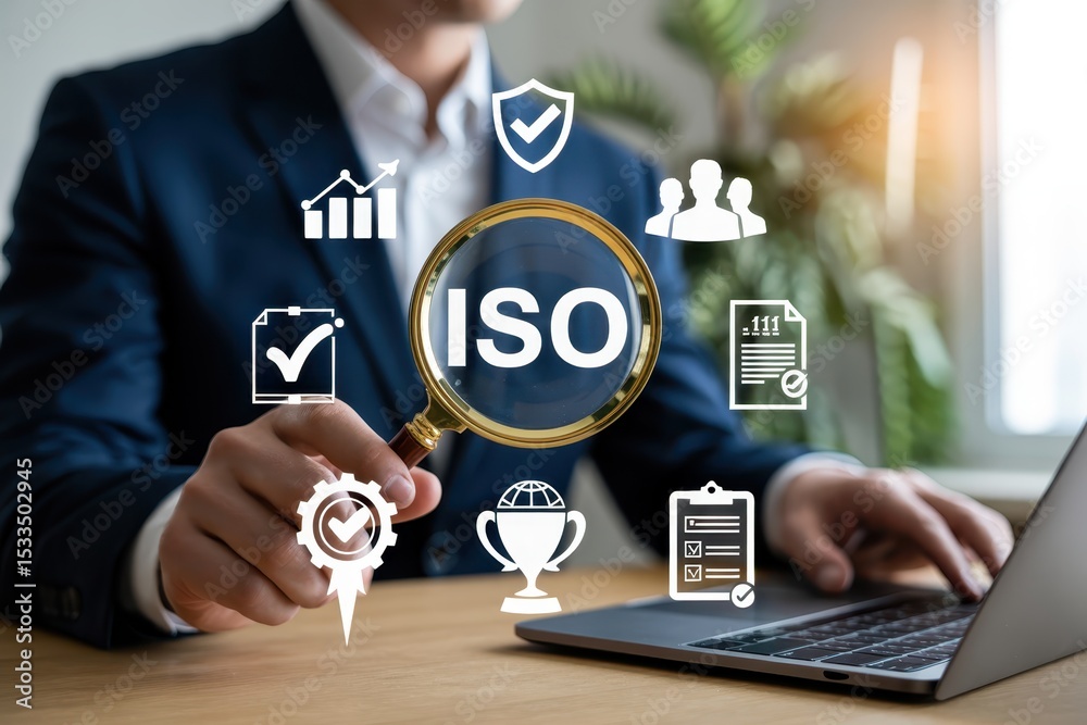 Businessman working with iso certification icons. Stock Photo | Adobe Stock