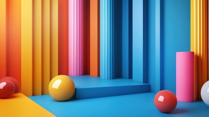 Poster - Vibrant 3D rendering of geometric shapes with a playful and inviting atmosphere