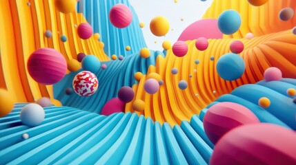 Poster - Vibrant Abstract 3D Landscape with Floating Spheres and Grooved Ridges