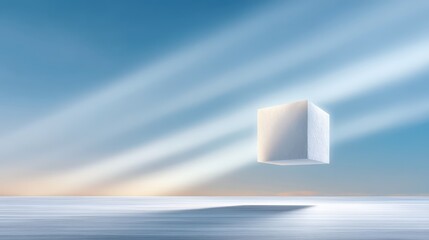 Aufkleber - White Cube Floating in Mid Air Above White Floor Under Blue Sky with Light Rays