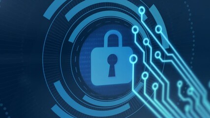 Poster - Circuit lines emerging from center, rotating rings enclosing padlock pulsing dots securing data