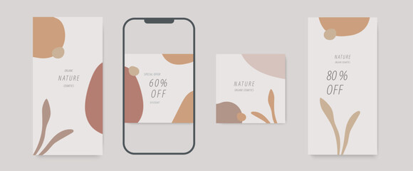 Wall Mural - aesthetic instagram post template with soft beige tones and abstract organic shapes. perfect for fas
