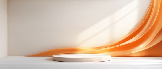 Aufkleber - White Cylindrical Podium with Orange Fabric Drape on White Wall