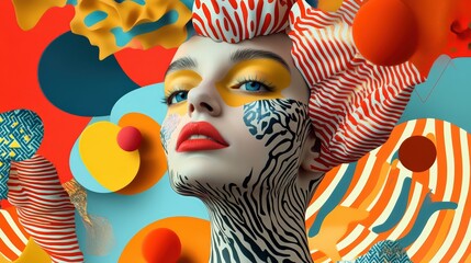 Poster - Vibrant female portrait with bold patterns and abstract artistic background composition