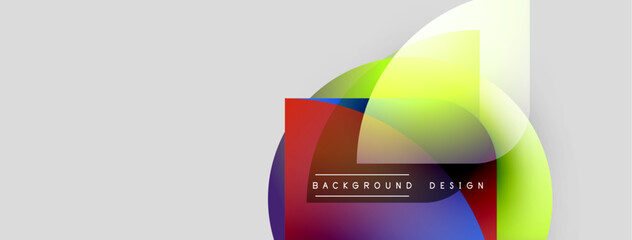 Aufkleber - Abstract colorful shapes overlap. Red square with text background design present. Minimalist composition, light gray backdrop.