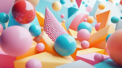Poster - Vibrant Geometric Abstract Composition with Pastel Tones and Playful Spheres