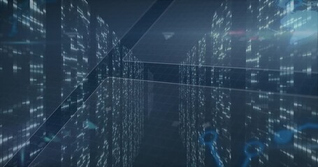 Poster - At start camera gliding through data walls revealing floating shapes and beams showcasing corridor