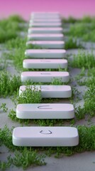 Aufkleber - White Keys Rising From Mossy Ground Against Pink Sky