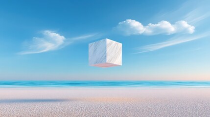 Aufkleber - White Marble Cube Hovering Above a Tranquil Beach