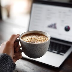 Poster - Coffee break during financial analysis on laptop