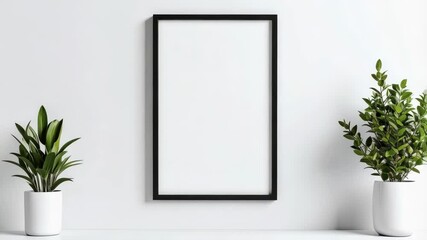 Poster - Minimalist bright interior scene featuring a blank picture frame and potted green plants against a white wall, offering a clean, modern aesthetic.