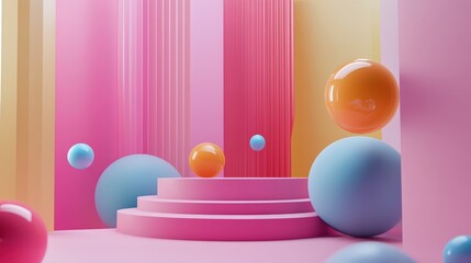 Poster - Whimsical 3D Illustration: Pastel Geometric Shapes and Floating Spheres Display