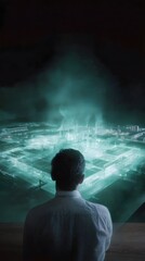 Poster - A glowing 3D hologram of a factory layout projected before an industrial manager