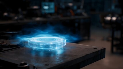 Poster - Glowing hologram of a robotic component rotating in an engineering workspace