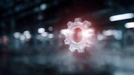 Poster - Glowing gear icon in a projected hologram displaying factory workflow