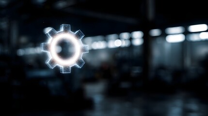 Poster - glowing gear icon in a projected hologram representing factory workflow