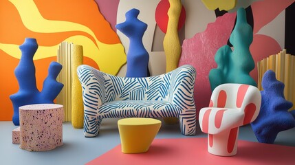 Poster - Whimsical furniture arrangement with vibrant colours in a studio environment