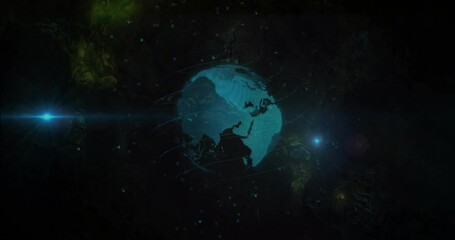 Poster - 3D globe appearing, rotating while streaming data lines and pulsing nodes for global network