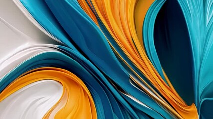 Poster - Abstract flowing blue, orange and white paints blend and ripple together in an organic and vibrant design featuring movement