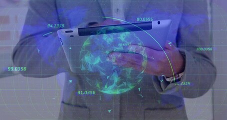 Poster - Professional holding tablet in front of brick wall swiping, rotating holographic globe showing data