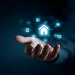 Poster - hand hovering over floating home icons in a glowing digital interface