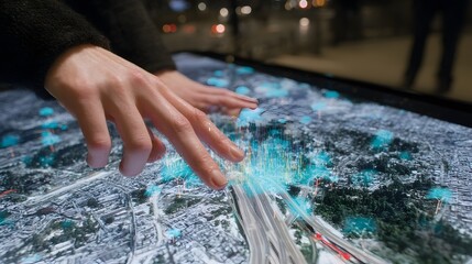 Poster - A finger tracing a virtual city plan with floating traffic and crane icons