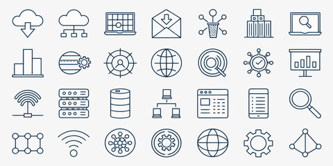 monochrome website line icon set — web pages, hosting, and ui elements