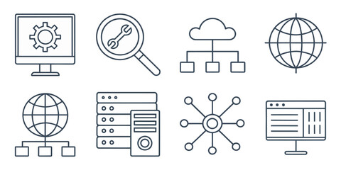 Monochrome Website Line Icon Set — Web Pages, Hosting, and UI Elements

