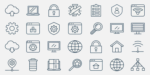 Monochrome Website Line Icon Set — Web Pages, Hosting, and UI Elements

