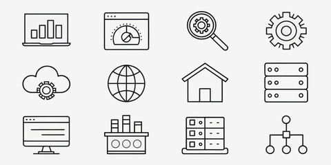 Monochrome Website Line Icon Set — Web Pages, Hosting, and UI Elements

