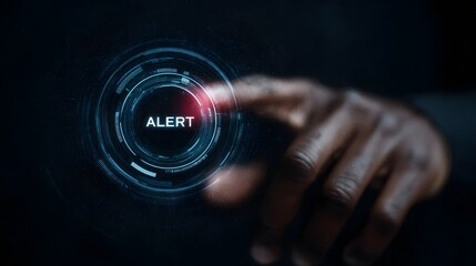 Poster - a hand activating a holographic alert button on a futuristic interface
