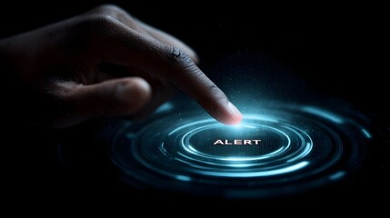 Poster - Hand pressing holographic alert button on a futuristic interface