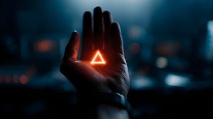 Poster - Glowing triangle icon hovering over hand in dark control room