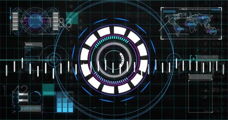 Poster - Interface powering up, glowing rings rotating, data bars sliding, waveform pulsing for monitoring