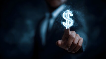 Poster - Businessman pointing at glowing holographic dollar sign