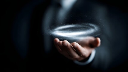 Poster - Glowing portfolio icon spinning above a hand in a formal suit sleeve