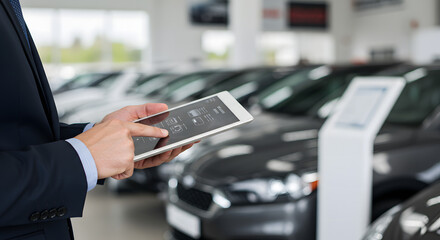 Salesperson using a tablet in a car dealership, showing a modern approach in the automotive industry