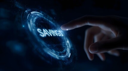 Poster - A futuristic banking interface with a glowing hologram of  SAVINGS  under finger touch