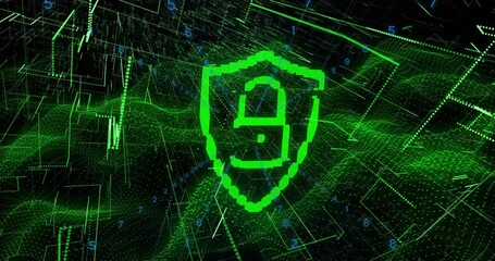 Poster - Flickering pixelated shield initiating data lines with pixels coalescing into padlock securing data