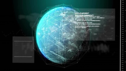 Poster - Upon startup globe rotating with mesh glowing, panels sliding, code scrolling for data insights