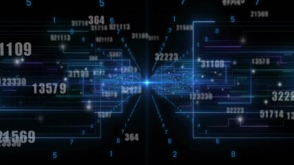 Poster - Bright blue point appearing and spurring neon blue lines growing with digits showing data flow