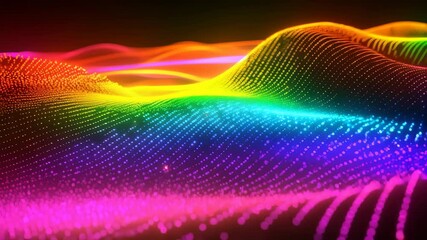 rainbow dotted wavey animation, technology network rainbow dotted particle waves flowing motion