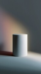 Poster - A smooth white cylinder podium surrounded by subtle shadow gradients  long title A simple minimalist composition featuring a clean white cylindrical