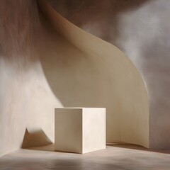 Poster - Minimalist cream colored podium against abstract curved wall