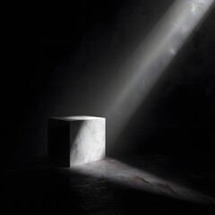 Poster - A minimal scene with a square podium and a diagonal light beam across the floor