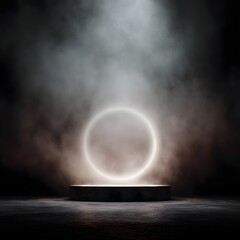 Poster - Glowing white circle podium surrounded by soft fog lighting