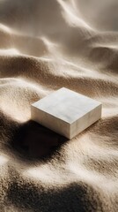Poster - Minimalist podium resting on a sandy textured surface in warm tones